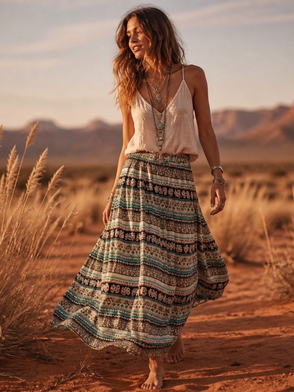Boho Tiered Maxi Skirt in Teal, Tan & Black With Elephants